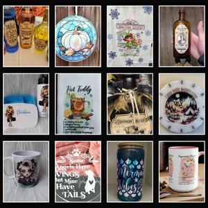 May include: A collage of various handcrafted items, including mugs, bottle stoppers, coasters, and a decorative plate. The items feature a variety of designs, including a mermaid, a hot toddy recipe, a griffin, and a fairy. The items are all handmade and unique.