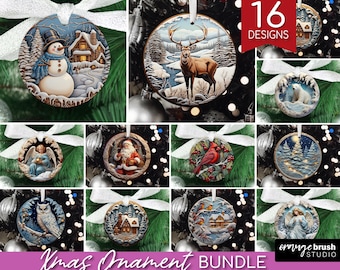 3D Christmas Ornament Sublimation Bundle. Santa Ornament Round Templates. 16 Xmas Carved PNG Designs for Crafts - Digital Download
