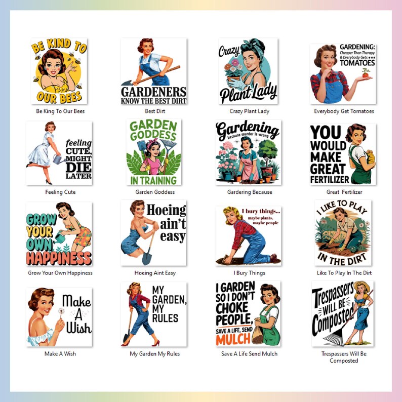 Housewife Gardening PNG Bundle, 20 Funny Retro Housewife Sublimation Bundle, 1950s Vintage Woman Bundle, Gardening Humor - Digital Download