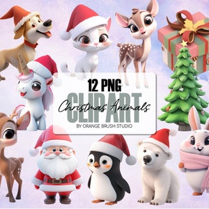 Kerstclipartbundel, leuke 3D-kerstontwerpen. Kerstillustraties, schattige babydieren sublimatie 12 png-afbeeldingen - digitale download