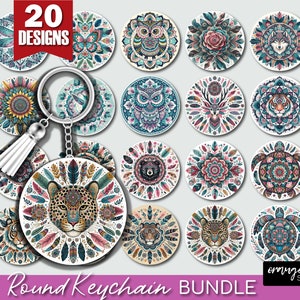 Mandala Keychain Bundle - Animal Mandala Round Keychain 20 PNG Files for Sublimation. Boho Style Key Chain Designs - Digital Download