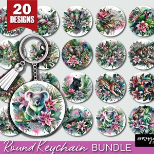 Tropische Tiere Schlüsselanhänger Sublimation - Sommer Keychain PNG Bundle. Jungle Keychain, 20 Tropische Blumen Schlüsselanhänger - Digital Download