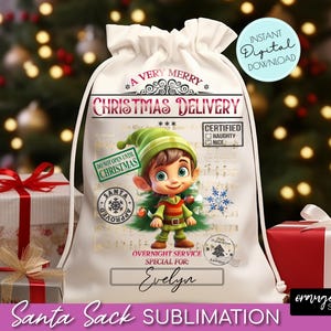Diseño de Sublimación de Saco de Papá Noel, Bolsa de Regalo de Navidad con Duende. Archivo PNG de bolsa de Santa Claus. Saco de Navidad de tamaño 20X27 - Descarga instantánea