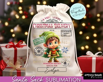Santa Sack Sublimation Design, Christmas Gift Bag with Elf. Santa Claus Bag PNG File. Christmas Sack 20X27 in size - Instant Download