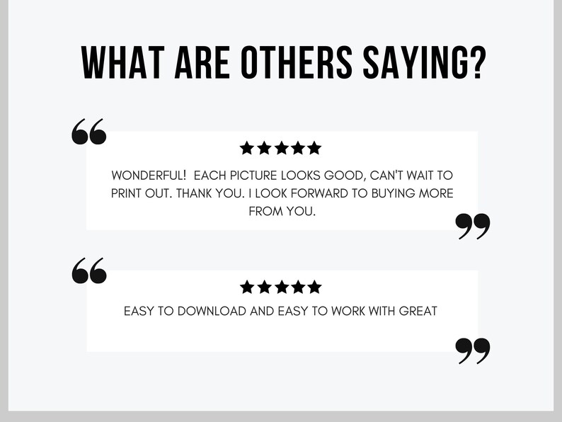 Puede incluir: Dos rese&ntilde;as de clientes con cinco estrellas. La primera rese&ntilde;a dice "&iexcl;Maravilloso! Cada imagen se ve bien, no puedo esperar a imprimirla. Gracias. Espero comprar m&aacute;s de ti." La segunda rese&ntilde;a dice "F&aacute;cil de descargar y f&aacute;cil de trabajar con excelente."