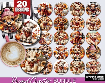Highland Cow Round Coaster Bundle, Fall Sunflowers Sublimation PNG, Cute Baby Cow Autumn 20 Mug Car Coaster Designs - Digital Download