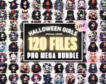 Halloween Girls PNG Clipart Bundle, Chibi Dolls Sublimation Designs. Goth Girl, Devil, Skeleton, Catrina PNG for Crafts - Digital Download