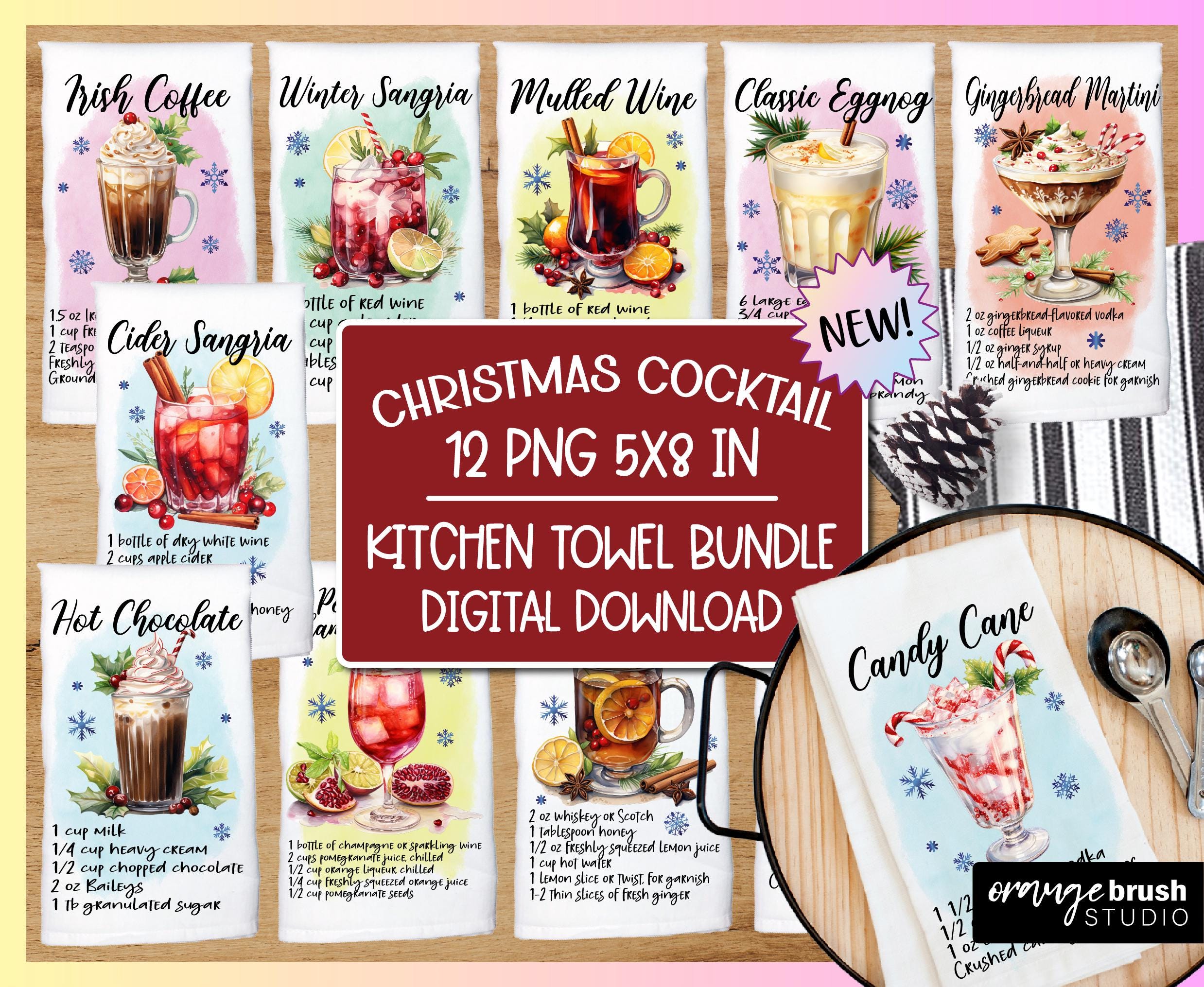 Christmas Kitchen Towel Sublimation Bundle, Christmas Cocktail Recipe. Dish Towel, Tea Towel PNG for Christmas Crafts - Digital Download