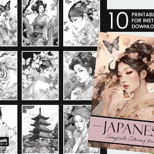 Japanese Women Printable Coloring Book, Adult Coloring Pages, Asian Girls Coloring JPG, Printable Grayscale Coloring Page PDF + Book Cover