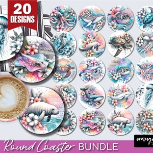 Sea Animals Coaster Bundle, Summer Round Coaster Sublimation, 20 Beach Ocean Car Coasters, Tropical Designs for Crafts - Digital Download