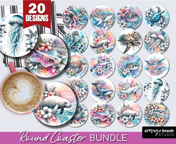 Sea Animals Coaster Bundle, Summer Round Coaster Sublimation, 20 Beach Ocean Car Coasters, Tropical Designs for Crafts - Digital Download