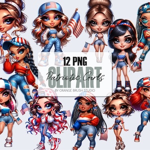 Clipart PNG de niña chibi del 4 de julio para el Día de la Independencia. Clipart de niña patriótica, muñeca chibi de EE. UU. 12 PNG - Descarga digital