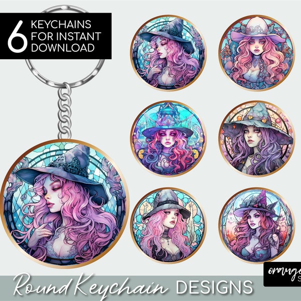 Pastel Witch Halloween Keychain Bundle Stained Glass Style. Round Keychain, Car Coaster PNG Designs - Instant Download