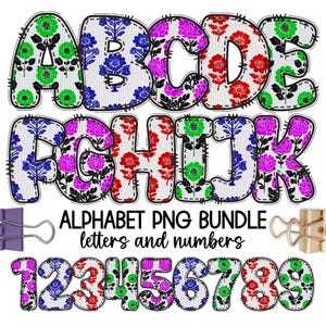 May include: A digital alphabet and number set featuring letters A through K and digits 1 through 9. Each character has a white background with a floral pattern in green, blue, magenta, or red, outlined with a black dashed stitch effect. Text reads ALPHABET PNG BUNDLE letters and numbers.