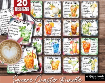 Square Coaster Bundle, Cocktail Recipe Sublimation Designs. Watercolor Cocktail Recipe Coaster PNG for Kitchen Crafts - Digital Download