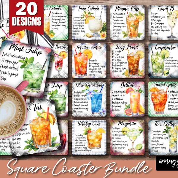 Square Coaster Bundle, Cocktail Recipe Sublimation Designs. Watercolor Cocktail Recipe Coaster PNG for Kitchen Crafts - Digital Download