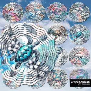 Paquete de sublimación de molinillos de viento de animales marinos, molinillo de viento de verano PNG, diseños de tortugas marinas, ballenas, caballitos de mar y flores para manualidades, descarga digital