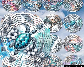 Sea Animals Wind Spinner Sublimation Bundle, Summer Wind Spinner PNG, Sea Turtle Whale Seahorse Flowers Designs for Crafts, Digital Download