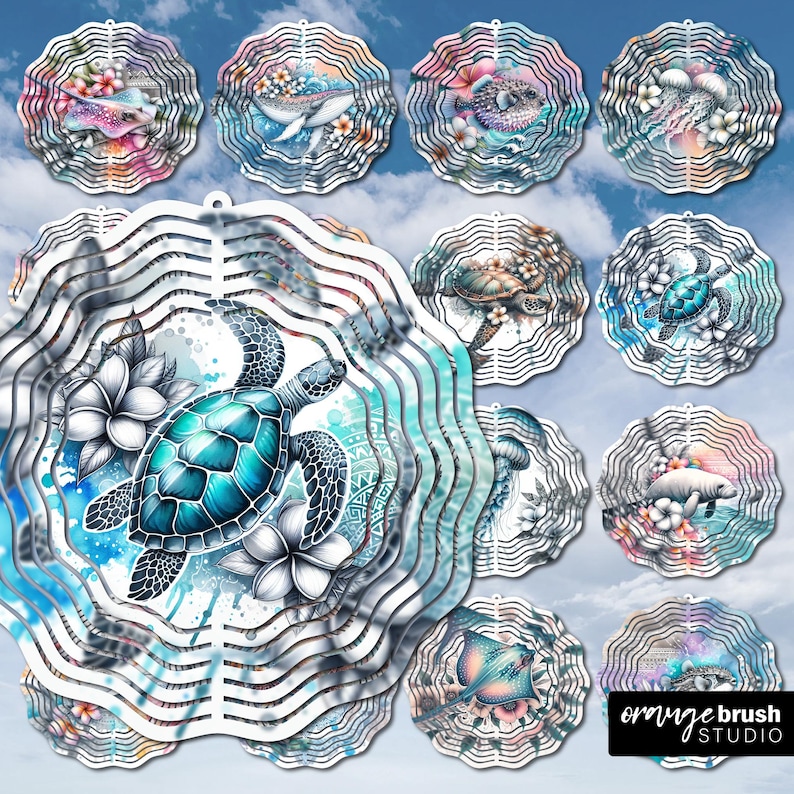 Sea Animals Wind Spinner Sublimation Bundle, Summer Wind Spinner PNG, Sea Turtle Whale Seahorse Flowers Designs for Crafts, Digital Download