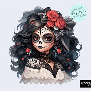 Tag der Toten Sublimation PNG Design, La Catrina Mädchen Clipart, Halloween Zuckerschädel PNG für T-Shirts, Aufkleber, Kunsthandwerk - Digitaler Download