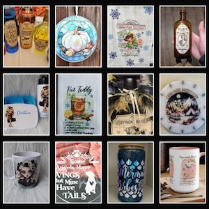 May include: A collection of handmade mugs, coasters, and other home decor items featuring various designs, including a mermaid, a hot toddy recipe, a Christmas delivery illustration, and a creature with wings and a tail.