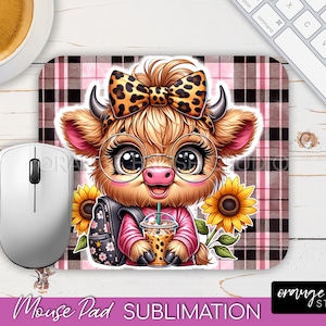 Highland Cow Mouse Pad Sublimation PNG, Mouse Pad PNG Design. Baby Cow with Sunflower Sublimation for Crafts - Digital Download