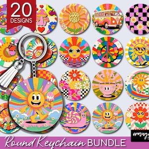 May include: A round keychain bundle featuring 20 retro designs. The designs include a smiling sun, a peace sign, a flower, a snail, and a coffee cup. The keychain has a silver ring and a white tassel.