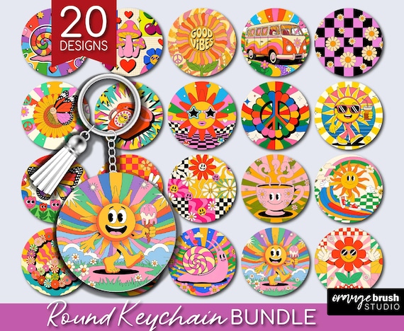Groovy Summer Keychain Sublimation Bundle. Retro Summer Vibes Keyring, Hippie Smiley Flowers 20 Round Keychain Designs - Digital Download