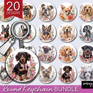 May include: A set of 20 round keychain designs featuring various dog breeds with floral accents. The keychains are illustrated in a watercolor style with a white background.