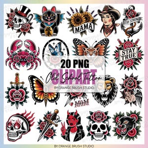 Traditional Tattoo PNG Bundle 20 Old School Tattoo Designs, Vintage Flash Tattoo Sublimation Bundle Rose Skull Tiger - Digital Download