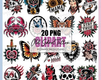 Traditional Tattoo PNG Bundle 20 Old School Tattoo Designs, Vintage Flash Tattoo Sublimation Bundle Rose Skull Tiger - Digital Download