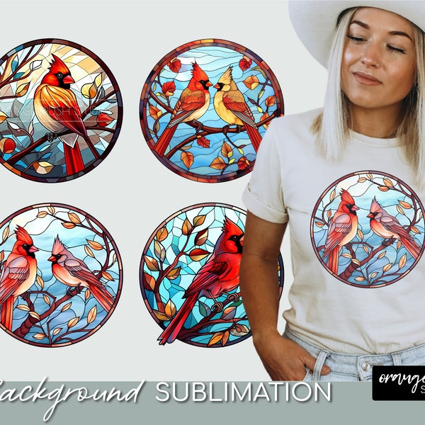 Stained Glass Cardinal Round PNG Background Bundle, Cardinal Clipart, Circle Sublimation Designs, Christmas Round Sublimation Commercial Use