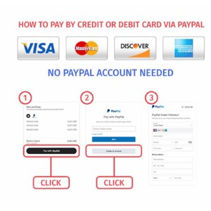 May include: A visual guide on how to pay by credit or debit card via PayPal. The image shows three steps: 1. Click "Pay with PayPal", 2. Click "Check out as guest", 3. Enter your card details. The image also shows logos for Visa, Mastercard, Discover, and American Express.