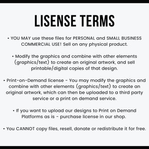 May include: A black and white text document outlining the terms of use for digital graphics. The document states that the graphics can be used for personal and small business commercial use, and can be modified and combined with other elements to create original artwork. The document also states that the graphics can be used for print-on-demand services, but a separate license is required for this purpose. The document concludes by stating that the graphics cannot be copied, resold, donated, or redistributed for free.