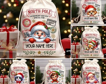 May include: A set of six white canvas Santa sacks with a North Pole theme. Each sack features a different cartoon character, including Santa Claus, a reindeer, an elf, a dog, and a cat. The sacks have a drawstring closure and are personalized with the text "Your Name Here".