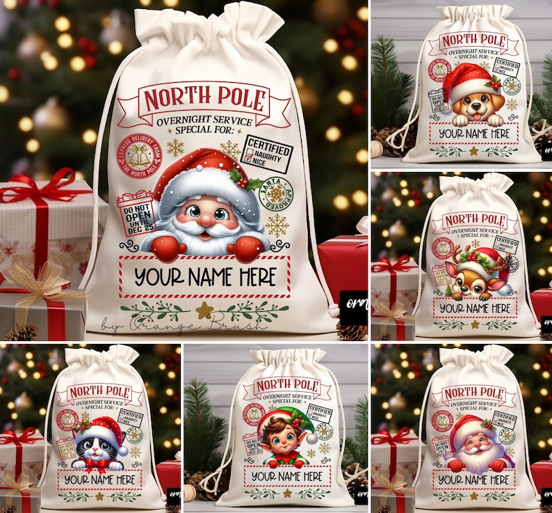Santa Sack PNG Bundle, Cute Santa Gift Bag Sublimation Designs, North Pole Delivery, Kids Christmas Bag Templates - Instant Download