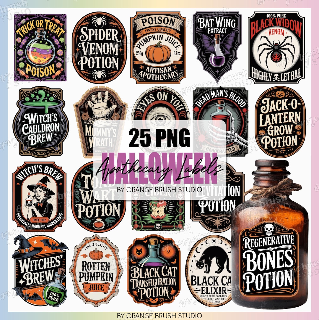 Halloween Apothecary Labels PNG Bundle, Printable Witch Potion Bottle ...