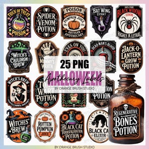 Halloween Apothecary Labels PNG Bundle, Printable Witch Potion Bottle Stickers, 25 PNG Clipart Vintage Labels Designs - Digital Download