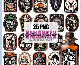 Halloween Apothecary Labels PNG Bundle, Printable Witch Potion Bottle Stickers, 25 PNG Clipart Vintage Labels Designs - Digital Download