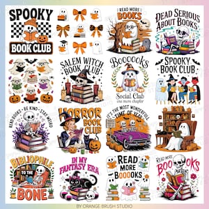 May include: A collection of Halloween-themed graphic designs featuring ghosts, skeletons, pumpkins, and books. The designs include phrases like "Spooky Book Club," "Horror Book Club," and "Read More Books." The color palette includes orange, black, and white.
