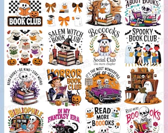 Bookish Halloween PNG Bundle, 20 Funny Retro Halloween Designs, Spooky Book Club, Skeleton Ghost Reading PNG Fall Bookworm, Digital Download