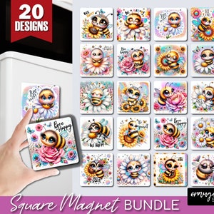 May include: Set of 20 square magnets featuring cute cartoon bees with different floral backgrounds and phrases like "Bee Happy", "Bee Sweet", and "Bee Kind".