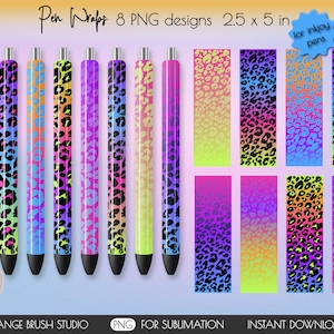 May include: Eight digital designs for pen wraps featuring a leopard print pattern with a gradient of neon colors. The designs are 2.5 inches by 5 inches and are for inkjoy pens.