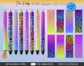 Rainbow Leopard Pen Wraps Sublimation Bundle. 8 PNG Designs for Waterslide Epoxy Pens InkJoy Pens. Cheetah Neon Pen Wraps Bundle Glitter Pen