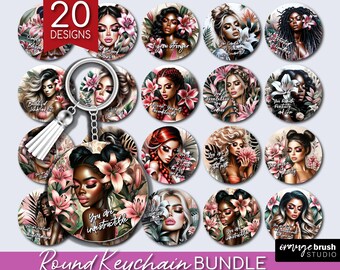 Floral Girl Keychain Sublimation Bundle. Tropical Flowers Keyring, 20 Summer Inspirational Round Keychain Designs - Digital Download