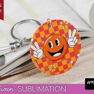 Groovy Summer Keychain Sublimation Bundle. Retro Summer Vibes Keyring, 20 Round Hippie Smiley Flowers Keychain Designs - Digital Download