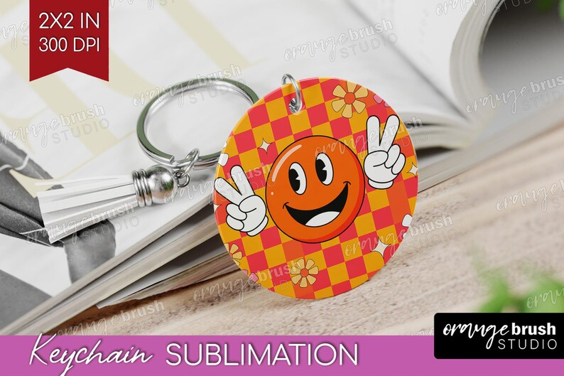 Groovy Summer Keychain Sublimation Bundle. Retro Summer Vibes Keyring, 20 Round Hippie Smiley Flowers Keychain Designs - Digital Download