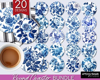 Blue Toile Flowers Coaster PNG Bundle, Chinoiserie Pattern Coaster Sublimation Designs, Floral Vintage PNG Bundle - Digital Download