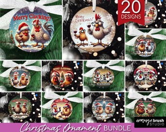 Funny Chicken Christmas Ornament Sublimation Bundle. Xmas Ornament Round Templates. Chickens with Wine PNG Designs - Digital Download