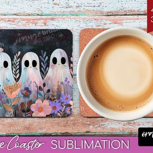 Halloween Ghost Coaster PNG Bundle, Cute Spooky Ghost Sublimation For Square Coasters, Fall Vintage Checkered Iridescent, Digital Download